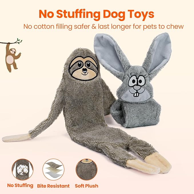 HGB No Stuffing Dog Toys for Aggressive Chewers, Squeaky Crinkle Plush Dog Toys to Keep Them Busy & Puppy Teething for Small, Medium, Large Breed, Cute Bunny & Sloth