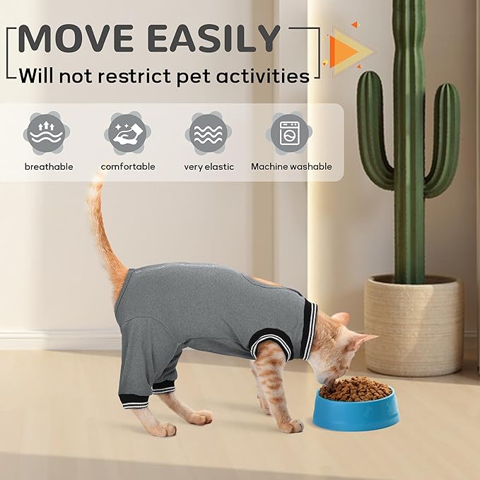 PUMYPOREITY Cat Recovery Suit for Hind Legs, Cat Surgical Spay Suit with Leg Sleeves to Stop Licking, Long Rear Sleeve Wound Cover Abdomen Kitten Onesie, Grey, XL