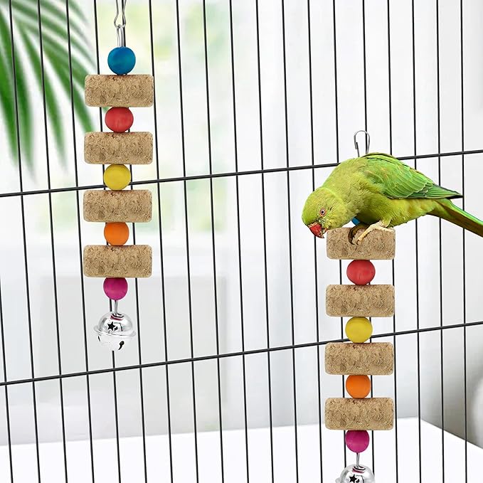 4Pcs Bird Chewing Toy, Parrot Cork Gnawing Skewers With Bell, Hanging Colorful Wooden Bead Cockatiels Beak Trimming for Birdcage (Four Packs-Bell Parrot Toy)