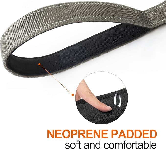 TwoEar 6FT 1IN Strong Gray Dog Leash with 2 Padded Handles, Traffic Handle Extra Control, Comfortable Soft Dual Handle, Auto Lock Hook, Reflective Walking Lead for Small Medium and Large Dogs