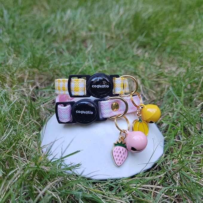 2 Pack Cotton Breakaway cat Collars with Bell,Safety Quick Release Pendant Cute Kitten Collar,Adjustable 20-30cm (Baby Pink+Lemon, 20-30cm)