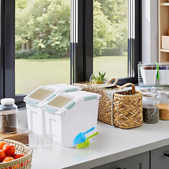 Saim Flour & Food Storage Container 25LB, Rice Dispenser & Dog Food Container with Lid, BPA Free Plastic with Measuring Cup for Rice, Flour, Dry Food Organization Cat Food Bin Bulk on wheels (Green)