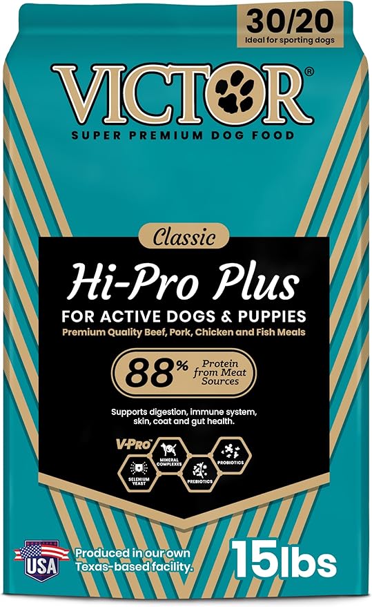 VICTOR Super Premium Dog Food – Hi-Pro Plus Dry Kibble – High Protein Dog Food with 30% Protein – Beef, Chicken, Pork, Fish Meals, Gluten Free - for High Energy and Active Dogs & Puppies, 15lbs