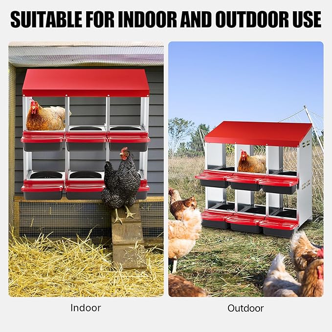 Chicken Nesting Box 2-Tier Galvanized Steel 6 Holes Nesting Boxes for Chickens Durable & Weather-Resistant Chicken Egg Laying Box Holds Up to 30 Hens with Removable Tray for Easy Cleaning