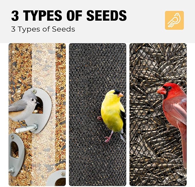 Veehoo Hanging Bird Feeder for Outdoors, 3 in 1 Large Capacity Metal Mesh Tube Bird Feeder for Thistle Nyjer Peanut, Wild Triple Finch Cardinal Feeders 6 lbs Seed Capacity for Outside