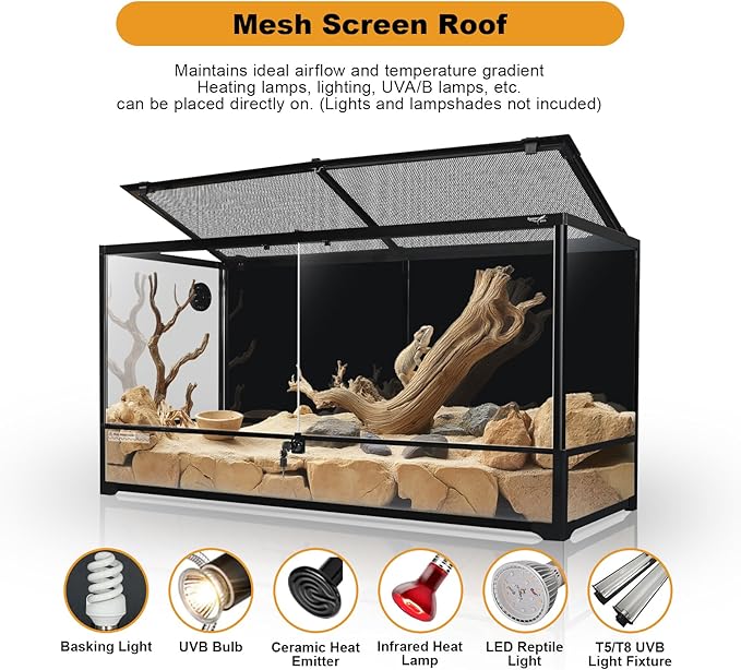 Glass Reptile Terrarium 18" x 18"x 48"Front Opening Chameleon Cage ull View Glass Terrarium Tank with Double Hinge Door for Reptiles Amphibians, Bearded Dragon Gecko Lizard Snake