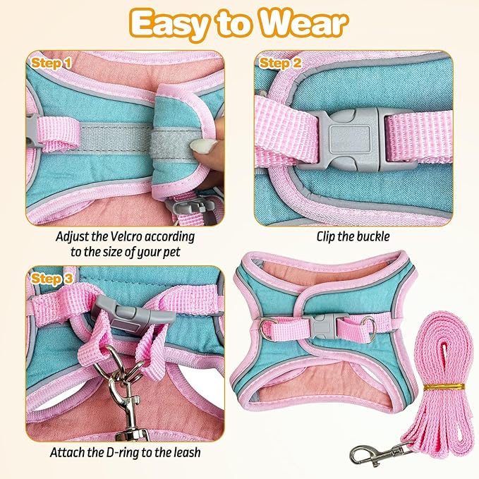 PINVNBY 2 Pack Bunny Hsrness and Leash Set Adjustable Rabbit Harness with Reflective Strips Double Buckle Pet Vest Eescape Proof for Small Rabbit Kitten Puppy Walks Accessories (Pink Green, S)