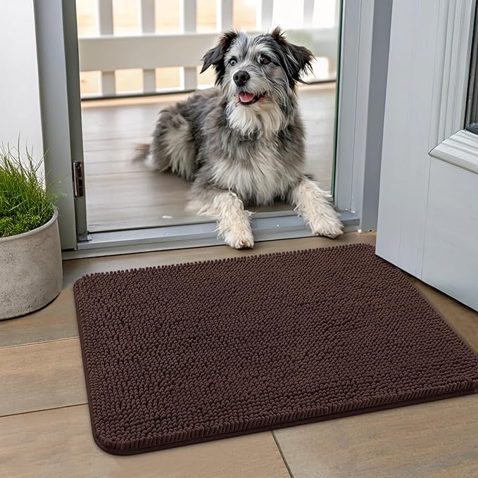 Smiry Dog Door Mat for Muddy Paws 24x16, Absorbs Moisture and Dirt Doormat, Non-Slip Washable Quick Dry Chenille Front Door Mat Indoor Entrance, Entryway Carpet for Inside Floor, Brown
