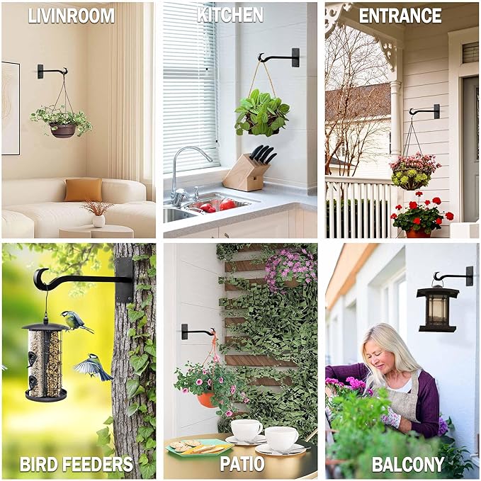 Qiang Ni Bird Feeder Hanger: 8-Inch Wall-Mounted Plant Bracket Outdoor - 2 Pieces Black Plant Hooks for Hanging Flower Baskets