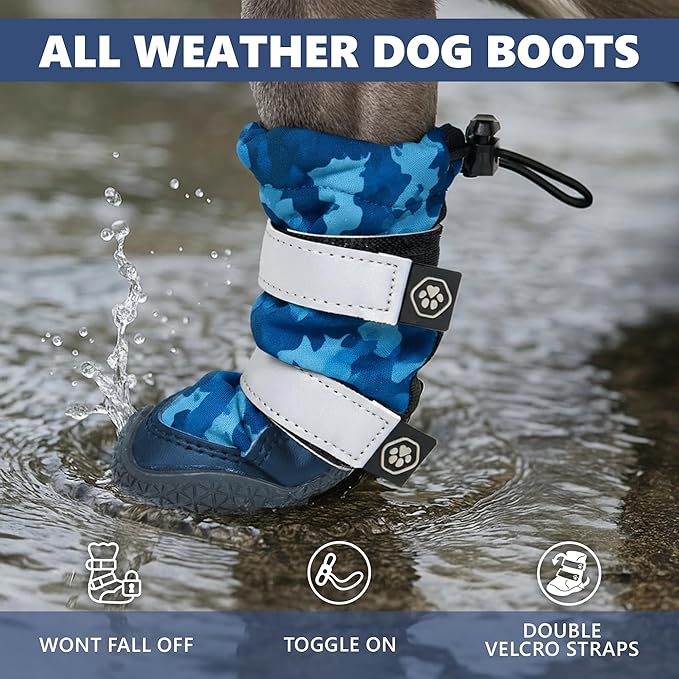Spark Paws Dog Shoes, Waterproof Dog Boots for Medium to Large Dogs, Non Slip, Breathable Dog Booties and Paw Protectors - 4PCS Doggie Hiking Boots with Reflective Straps, Blue Camo, Size 4