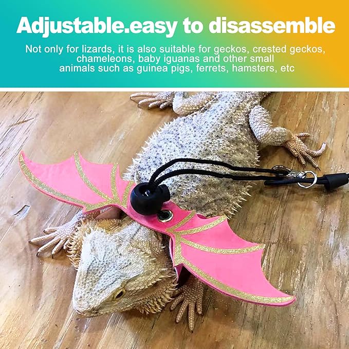 3 Sizes S/M/L Adjustable Soft Leather Bearded Dragon Leash and Harness Set with Cool Wings, Reptile Lizard Costume Accessories for Geckos, Iguanas, Small Pets, Outdoor Walking