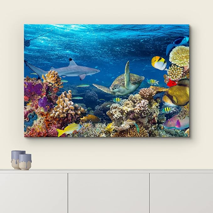 wall26 Canvas Print Wall Art Tropical Island Underwater Turtle Shark Nature Animals Photography Realism Rustic Scenic Landscape Wilderness Earth Colorful for Living Room, Bedroom, Office - 12"x18"