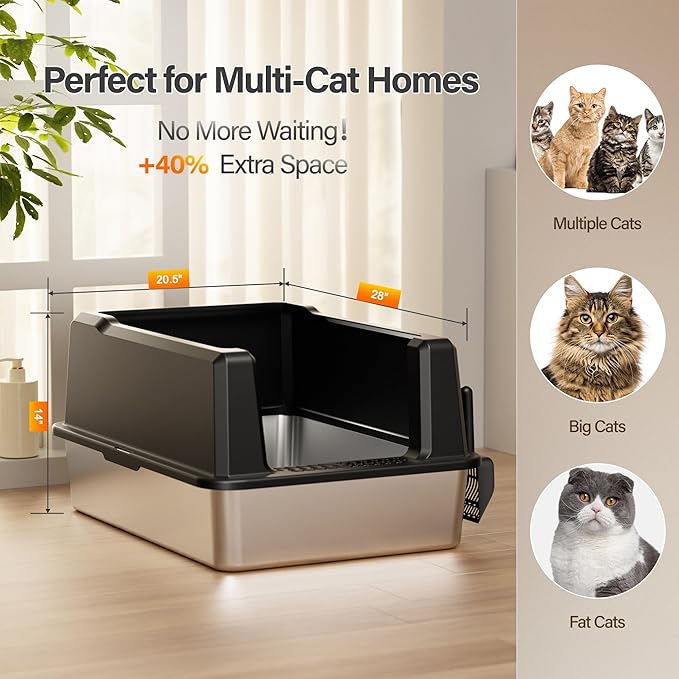 Stainless Steel Jumbo Open Cat Litter Box, XXXL 28"x20.5"x14" for Large Cats & Multi-Cat Households, Anti-Leakage High Walls & Non-Slip Base, Non-Sticky, Easy Clean Durable Metal Litter Pan