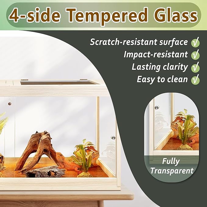 PROLEE Tempered Glass Bearded Dragon Tank,63 Gallon Reptile Tank with Meatl Mesh Roof and Front Sliding Door, Anti-Scratch Lizard Tank,Spacious Reptile Enclosure for Snakes,Lguanas, Chameleons (Oak)