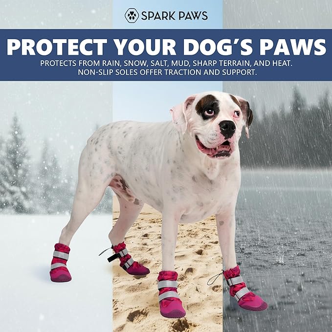Spark Paws Dog Shoes, Waterproof Dog Boots for Medium to Large Dogs, Non Slip, Breathable Dog Booties and Paw Protectors - 4PCS Doggie Hiking Boots with Reflective Straps, Pink Camo, Size 2