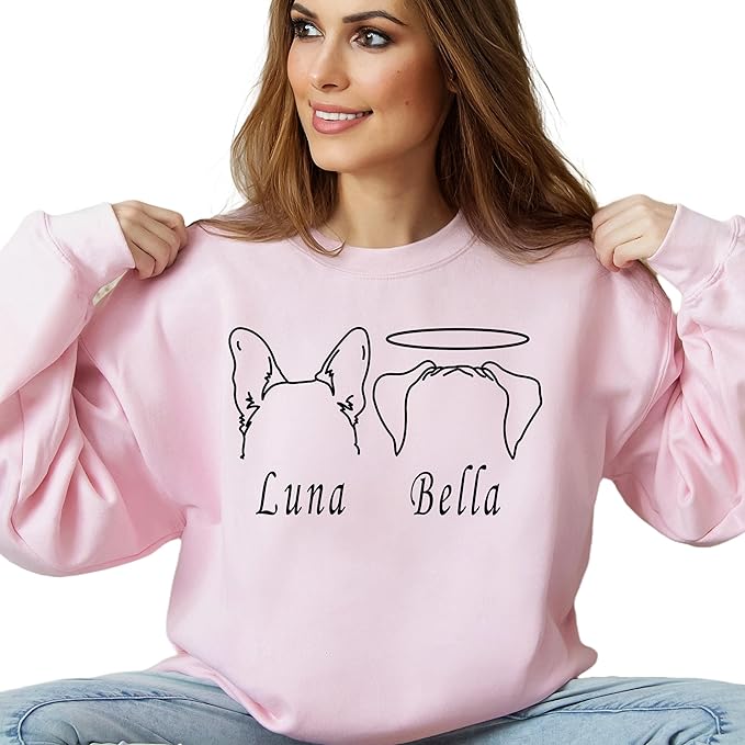 Custom Dog Mom Shirt for Women Pet Ears Sweatshirt with Name Unique Puppy Line Art Cute Dad Hoodie for DogDad Owner Lover