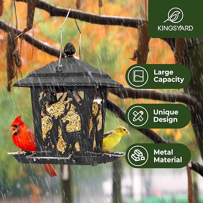 Kingsyard Metal Bird Feeder for Outdoor Hanging - Unique Design Wild Bird Hopper Feeder with 4 Perches and Rainproof Roof, Black