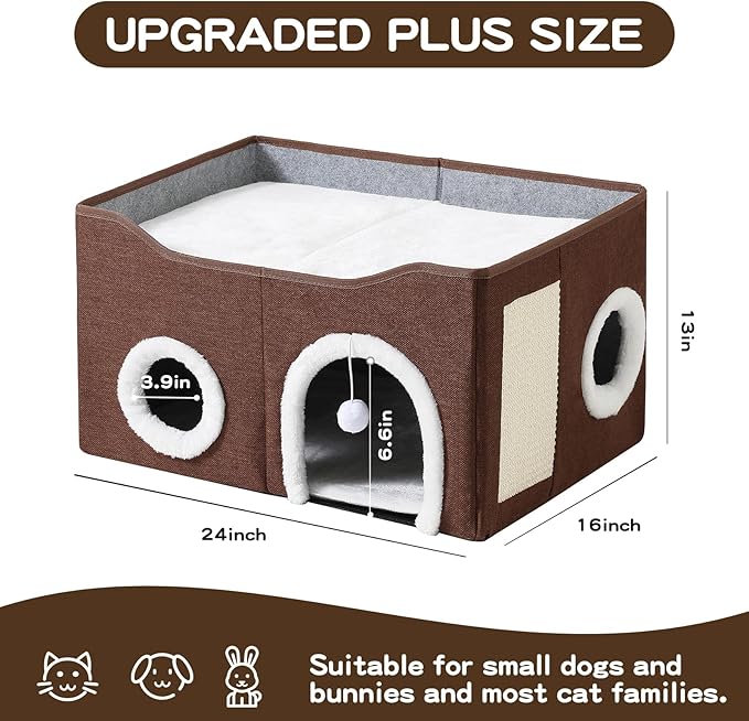 Large Cat Bed for Indoor Cats, Extra Wide Cat Cave House with Scratch Pad and Fluffy Ball, Foldable Cat Hideaway for Kitten Bed, Cat Condo for Cats (Brown, X-Large)