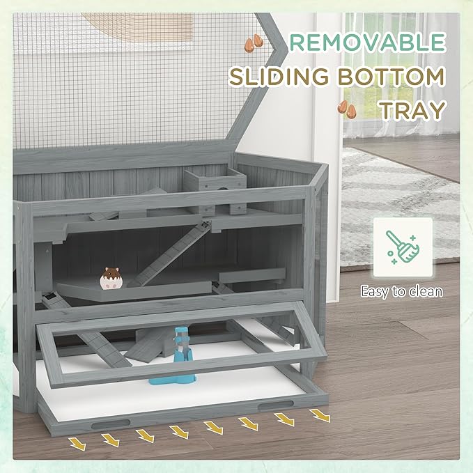 PawHut Wooden Large Hamster Cage, Rat Habitat, 3 Tier Small Animal Exercise Play House with Tray, Water Bottle, Activity Center, Gray