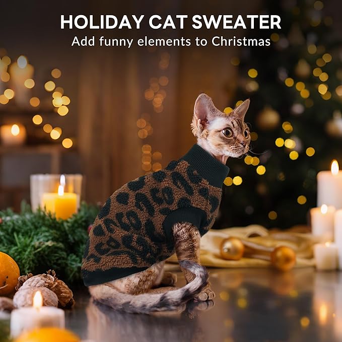 PUMYPOREITY Winter Warm Cat Sweater - Super Soft & Elastic Knit with Plush Fleece, Easy-On Design with Ribbed Neck & Cuffs, Stretchy Cat Outfit for Indoor/Outdoor Use,Brown, S