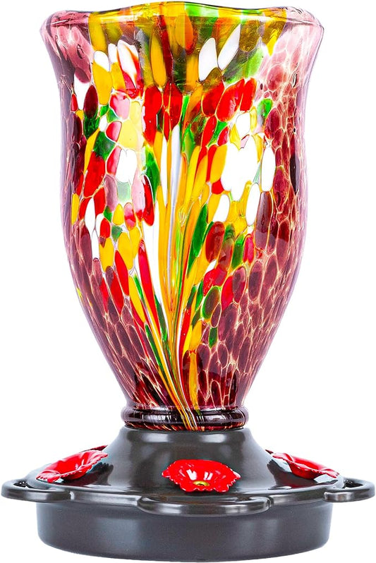 LUJII Bloom Shaped Hummingbird Feeders for Outdoors, Hand Blown Glass Humming Bird Feeder for Outside Hanging, Leak Proof & Metal Base Top, 25 fl.oz Capacity, Gifts for Bird Lovers, Purple
