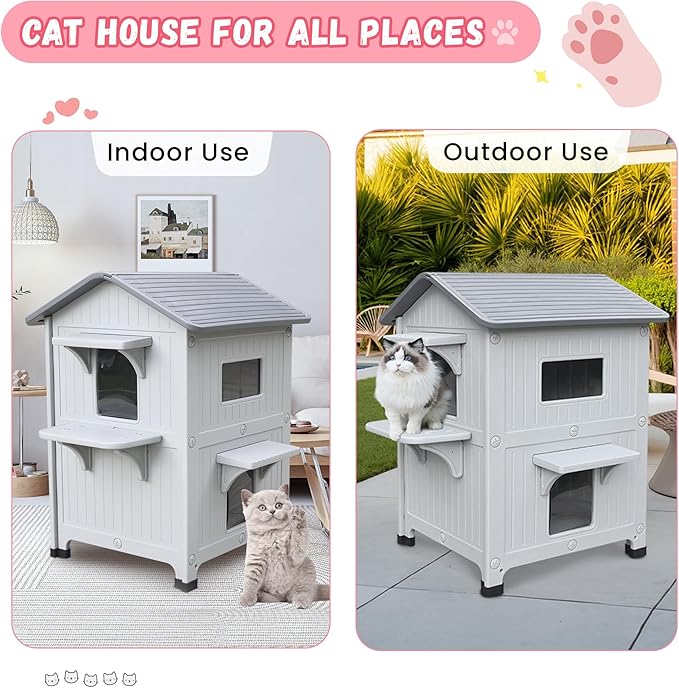 Plastic Outdoor Cat House - Cat House for Outside with Insulated Liner for Winter，100% Weatherproof Cat Houses for with Escape Door, Feral Cat Shelter for Porch Barns Strays