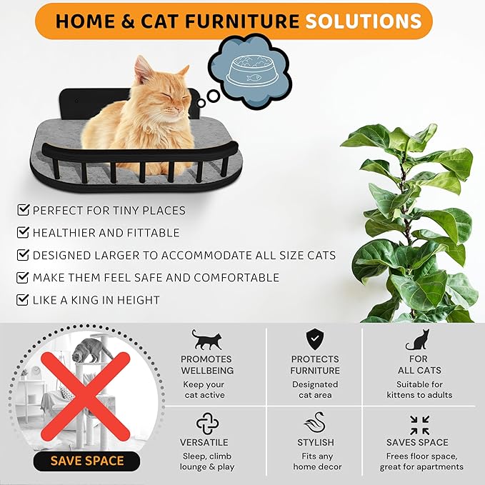 Cat Wall Shelves with 3 Steps – Modern Mounted Cat Wall Furniture & Shelf, Premium Hardwood Bed for Climbing, Sleeping & Lounging, Indoor Hammock for Large Cats - Black