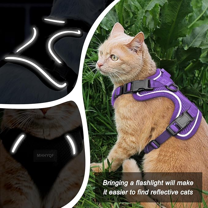 Cat Harness and Leash Set, Soft and Breathable Vest with Reflective Strip, Anti Escape Adjustable Cat Harness, Easy to Wear for Cats Walking and Traveling, Purple, M