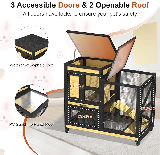 40'' Rabbit Cage Bunny Cage Indoor, Outdoor Rabbit Hutch for Small Animals, 2-Story Wooden Guinea Pig Cages with Wheels & 2 Deeper No Leak Trays, Waterproof Openable Roof & Bottom Wire Mesh