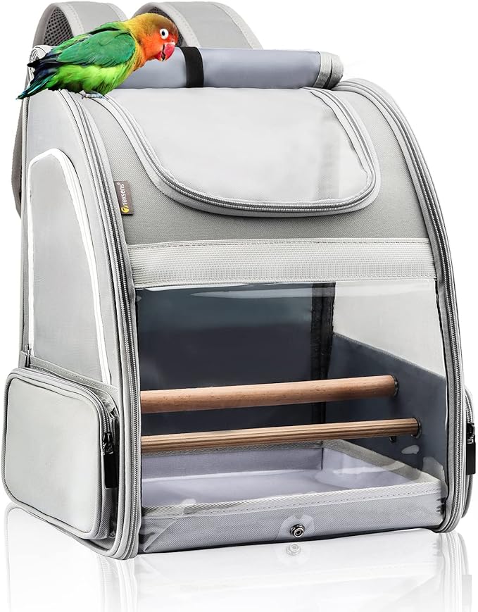 Texsens Bird Carrier Backpack - Pet Travel Cage with Upgraded Tray and Standing Perches, Breathable & Portable, for Small Birds, Green Cheek, Cockatiel, Parrot (Grey)