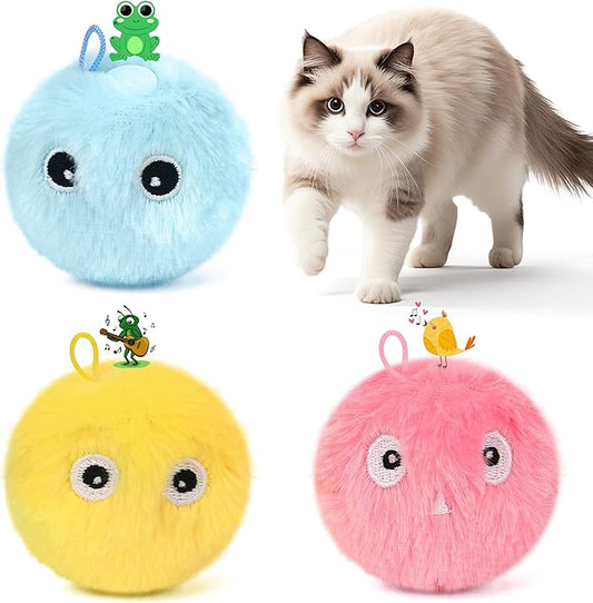 Chirping Cat Toy Balls-Upgraded 3-Pack Fluffy Interactive Kicker with 3 Lifelike Animal Sounds,Battery-Operated,Auto-Activated,Perfect for Indoor Kitty Kitten Exercise,Stimulates Play,Durable Design