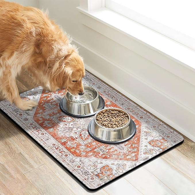 Dog Food Mats for Floors, Absorbent Quick Dry Pet Cat Food Mat, Dog Bowl Mats for Food and Water Dispenser Mat, Eco-Friendly Dog Accessories Pet Supplies 16""x24"", Vintage Orange