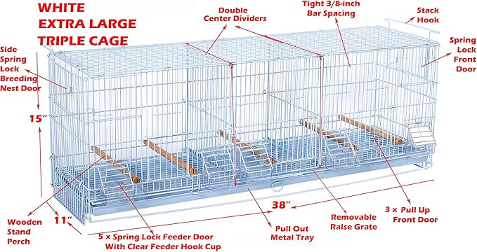 Extra Large 38"x11"x15"H Stackable Breeder Bird Flight Triple Cage Side Breeding Nest Box Door Double Removable Center Dividers with Removable Rolling Stand