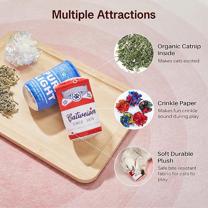Potaroma Beer-Simulation Cat Toys 2Pcs Catnip Crinkly Sound Toy, Durable Kitten Bite Kicker Toys, Indoor Feline Exercise 4.0 Inches for All Breeds