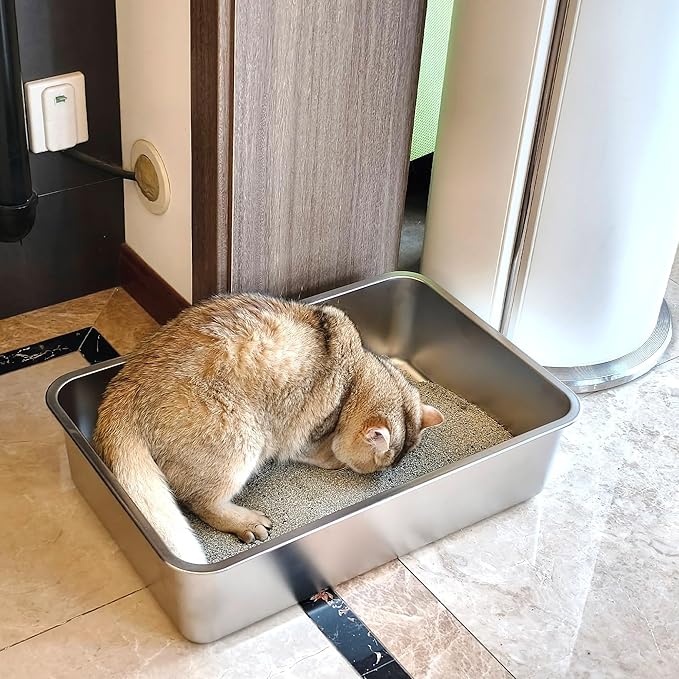 Stainless Steel Litter Box -Metal Litter Box for Big Cats,Large Stainless Steel Cat Box Easy to Clean, Cat LitterBox Pet Toilet-High Sided for Kitten,Kitty,Rabbits,Non Stick, No Smell
