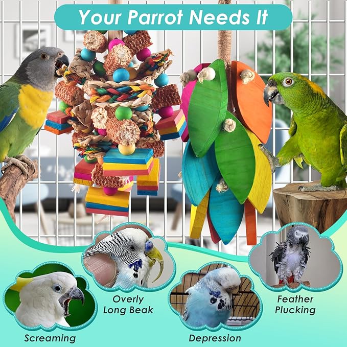 2 Pcs Large Bird Toys, Natural Corn Cob Parrot Chew Toy, Multicolored Leaf-Shaped Chewing Wood Blocks for Large and Medium-Sized Macaws, Cockatoos, Amazon Parrots, African Grey