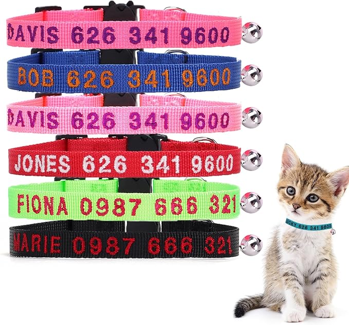 Personalized Nylon Cat Collars,Custom Embroidered Pet Name and Phone Number,Breakaway Collar with Safety Release Buckle and Bell,Adjustable Cats and Kitten Collars,Red