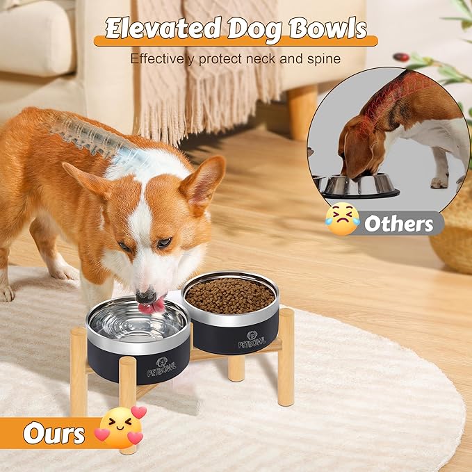UPSKY Elevated Dog Bowls – 27oz Stainless Steel Anti-Spill Set with Wooden Stand, Double Raised Bowls for Small/Medium Dogs to Reduce Neck Strain & Improve Digestion