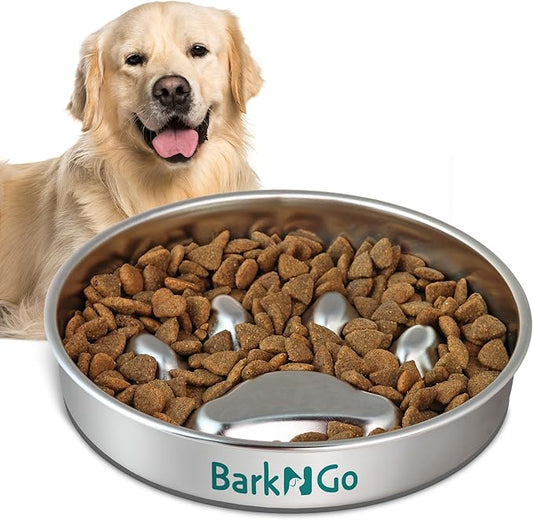 BarkNGo Slow Feeder Dog Bowls & Dog Water Bowl, Stainless Steel Pet Bowls for Dry, Wet & Raw Food, Non-Slip, Durable & Dishwasher Safe, Small Puppies to Large Dogs