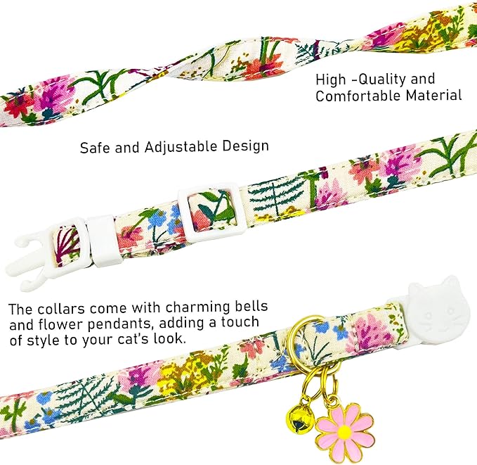 2 Pack Cotton Breakaway Cat Collars Set with Bell and Flower Pendant, Cute Floral Fruit Patterned, Adjustable 7.5-11Inch, Include A Mouse Toy Gift