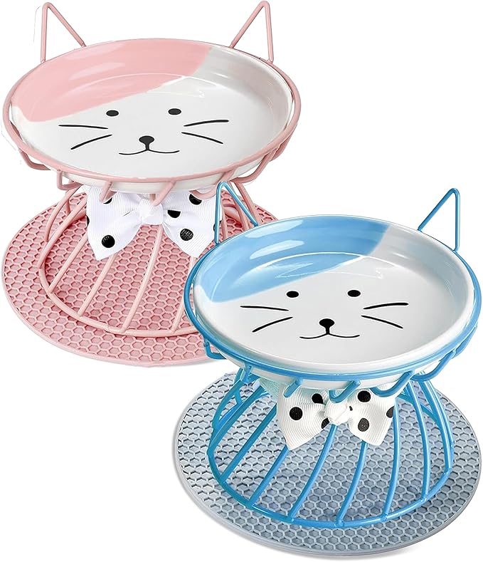2PCS Ceramic Shallow Cat Food Dishes with Non-Slip Mat, Elevated Cat Food Bowl with Raised Metal Stand, Small Dog Bowl, Whisker Fatigue Pet Food Plate, Dishwasher Safe
