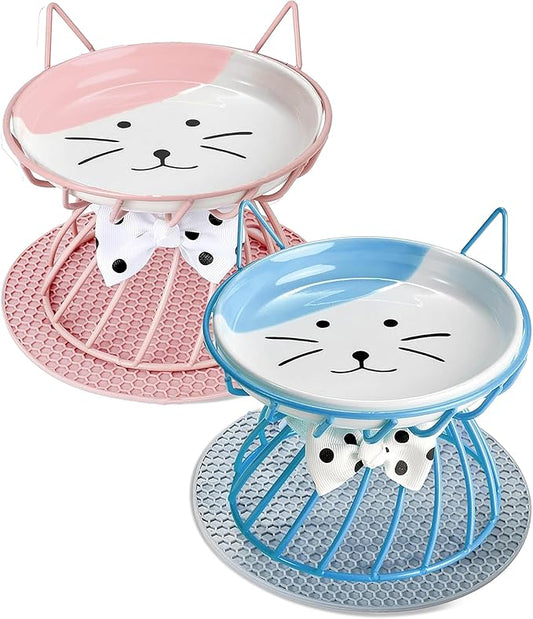2PCS Ceramic Shallow Cat Food Dishes with Non-Slip Mat, Elevated Cat Food Bowl with Raised Metal Stand, Small Dog Bowl, Whisker Fatigue Pet Food Plate, Dishwasher Safe
