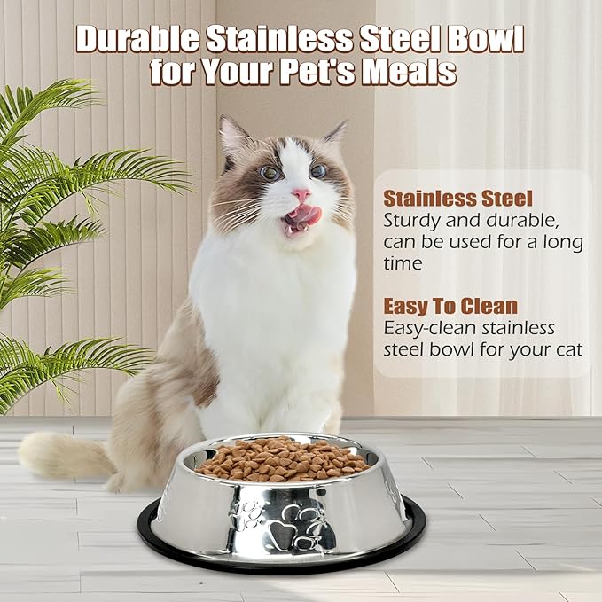 Fhiny 8Pcs Stainless Steel Dog Cat Bowl with Rubber Base Pet Food and Water Feeder Bowls Stackable Non-Slip Dish Plate for Small Medium Animals Puppy Kitten Rabbit-Two Paw Patterns
