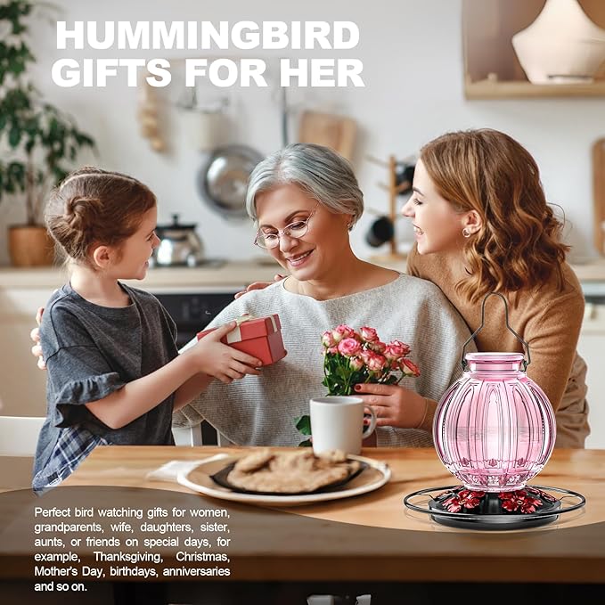 Glass Hummingbird Feeder for Outdoors Hanging, Bird Nectar Feeder with Perch & 5 Flower Feeding Ports, 26 Oz Leak Proof for Outside Garden Decor Backyard, Gifts for Women Mom, Pink