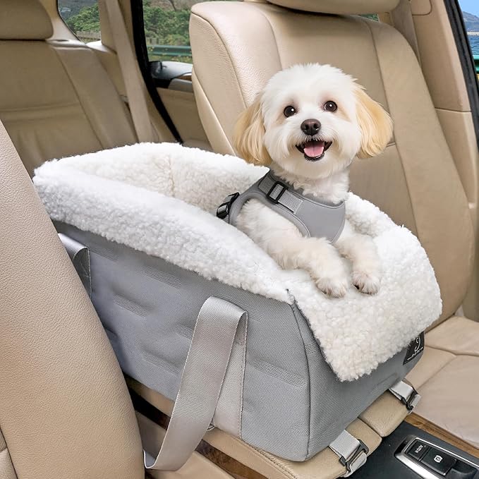 A 4 Pet Center Console Dog Car Seat for Small Dogs Cats, Booster Seat for Puppy with Safety Tethers, Pet Car Seat with Safe Protective Hooks,Washable Cushion - Portable Carrier for Pets Up to 8 Lbs