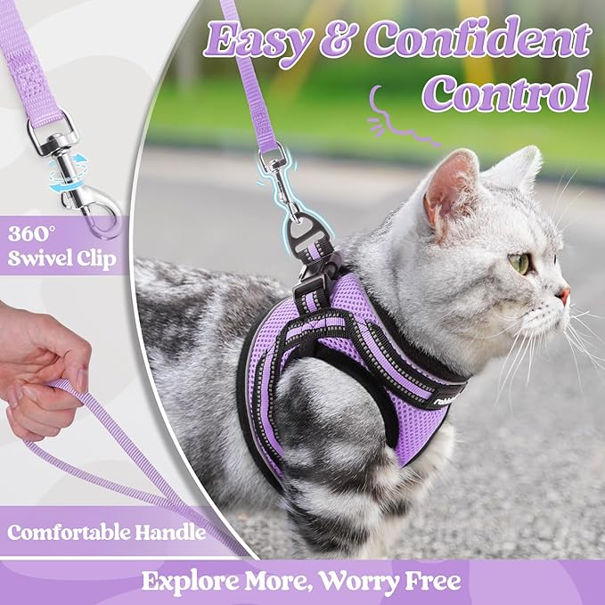 rabbitgoo Cat Harness and Leash Set for Walking Escape Proof, Adjustable Soft Kittens Vest with Reflective Strip for Cats, Comfortable Outdoor Vest, Light Purple, XL