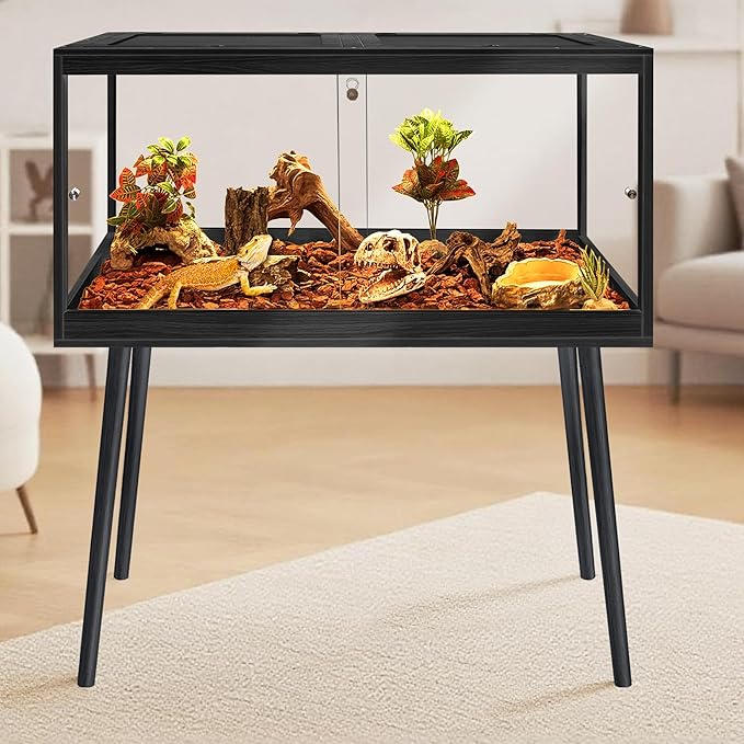Prolee Bearded Dragon Tank with Leg Stand,Wooden Lizard Tank,Reptile Tank with Metal Mesh Roof Door, Acrylic Panel Snake Tank with Lock Design (Black, 32"x16"x16")