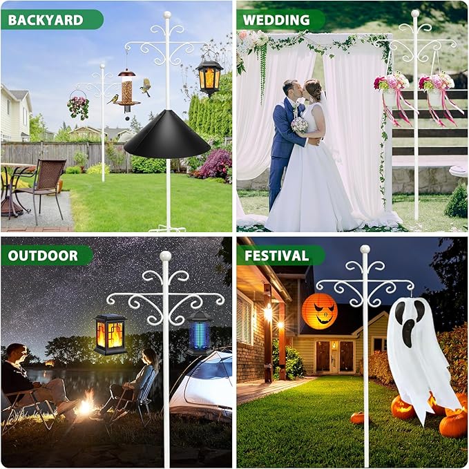 Bird Feeder Pole for Outdoors Heavy Duty Squirrel Proof, 2 Pack 108 Inch Adjustable Tall Shepherds Hooks for Outdoor with 5 Prongs Base, Double Shepherd Hooks (2 Pack White, 108 Inch)