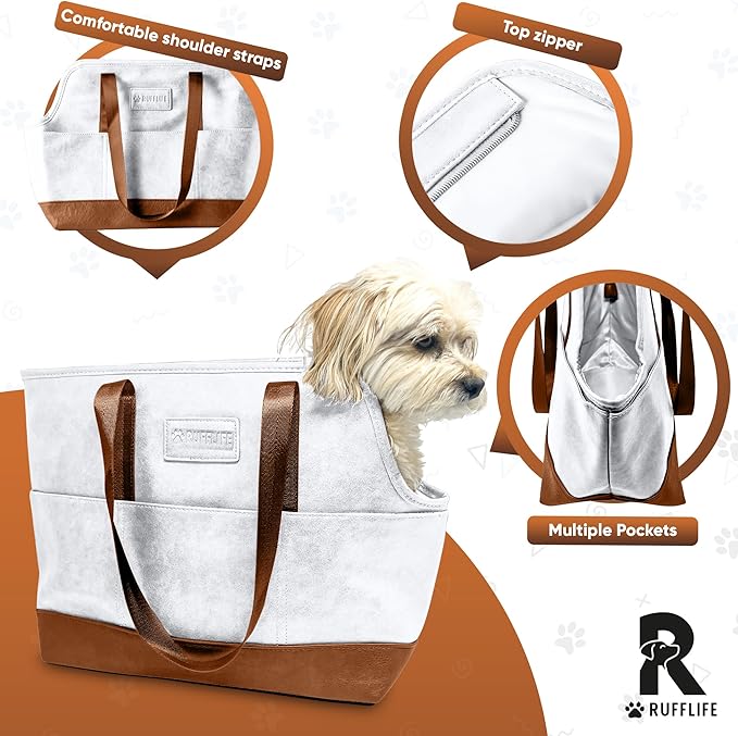 Luxury Dog Purse Carrier - White Faux Leather Pet Carrier, Secure Harness Clip, Tote Bag for Small Dogs and Puppies