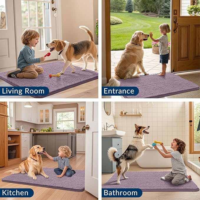 Smiry Dog Door Mat for Muddy Paws 48x30, Absorbs Moisture and Dirt Doormat, Non-Slip Washable Quick Dry Chenille Front Door Mat Indoor Entrance, Entryway Carpet for Inside Floor, Deep Plum